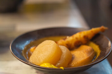 Top down view of a bowl of Oden, Japanese cuisine, Dotonbori, Shinsaibashi, Osaka, japan