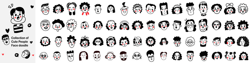 big collection of cute doodle faces. hand drawn people face set
