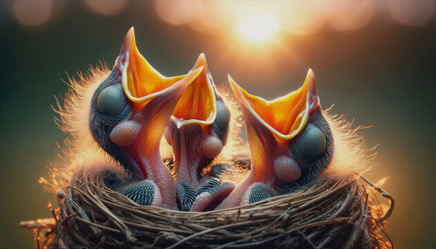 AI generated illustration of hungry baby birds in a nest open their beaks wide for feeding