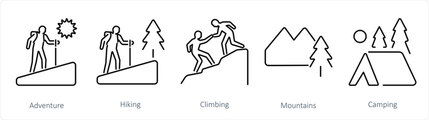 A set of 5 Adventure icons as adventure, hiking, climbing