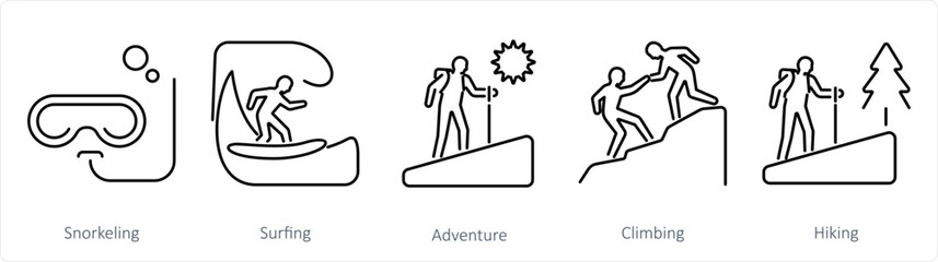 A set of 5 Adventure icons as snorkeling, surfing, adventure