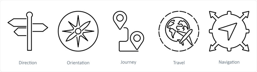 A set of 5 Adventure icons as direction, orientation, journey - obrazy, fototapety, plakaty