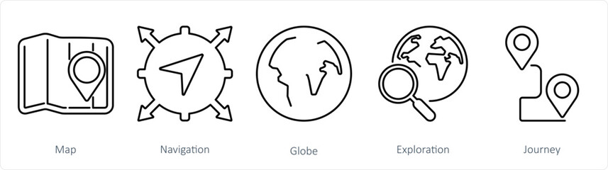 A set of 5 Adventure icons as map, navigation, globe