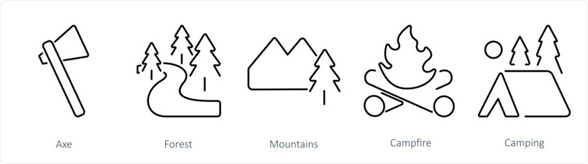 A set of 5 Adventure icons as axe, forest, mountains