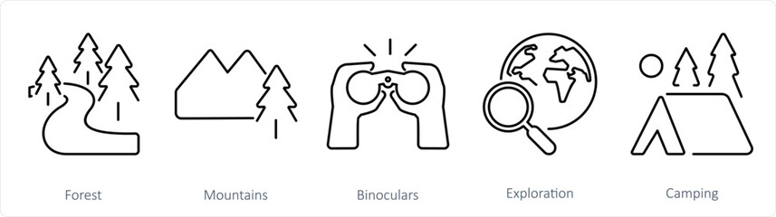 A set of 5 Adventure icons as forest, mountains, binoculars