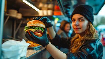 Melted cheese & veggies atop a juicy burger, in a gloved hand