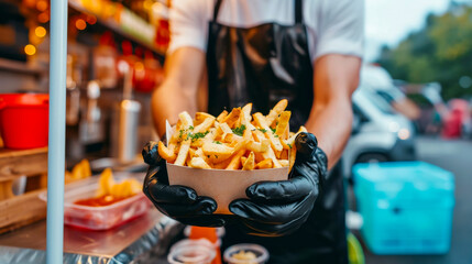 Vendor Serving Seasoned French Fries at Outdoor Foodtruck Market
