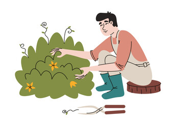 Man pruning bushes. Female person in doodle style.