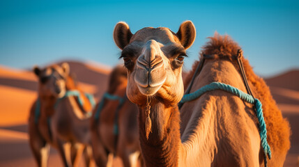 Camel caravan passing through the desert. African landscape.