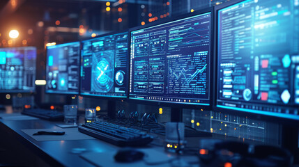 high-tech workstation with multiple computer monitors displaying graphs and analytical data