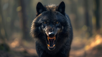 Naklejka na ściany i meble A closeup of a black roaring wolf with a huge mouth and teeth with a blurry background, generative ai