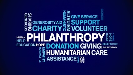 Philanthropy animated tag word cloud;text design animation kinetic typography seamless loop.
