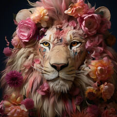 Lion in Floral Surrealism Abstract Imagery Professional Commercial Animal Portraits High Detail Artistic Design Flower Arrangements