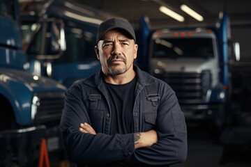 Fototapeta na wymiar truck repair shop owner in uniform in the garage, truck on background