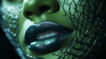 Macro and close-up creative make-up theme: beautiful female lips with a matte green lipstick - 722792019