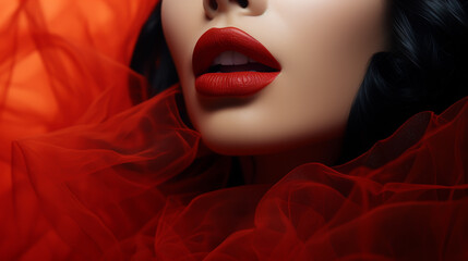beautiful woman lips with red matt lipstick. Cosmetology, drugstore or fashion makeup concept. Beauty studio shot. Passionate kiss