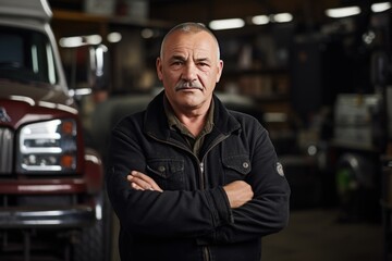 Obraz premium truck repair shop owner in uniform in the garage, truck on background