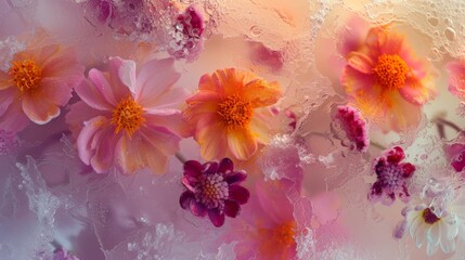 Flowers being Covered by Ice - Textured and Layered Abstract Floral Forms in Orange and Magenta - Close Up Ecological Flower Art Wallpaper created with Generative AI Technology