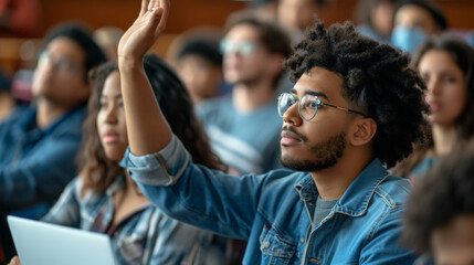 Obraz premium student is raising their hand in a classroom, with other students and a teacher in the background