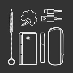 Electronic cigarettes, tobacco heaters and accessories. Doodle style. Vape shop icons. Isolated dark background. Vector.