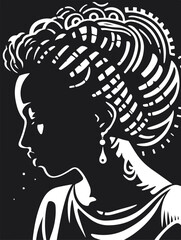 Abstract art vector outline illustration of african woman face. Black and white coloring page of girl face portrait. Modern print, poster image