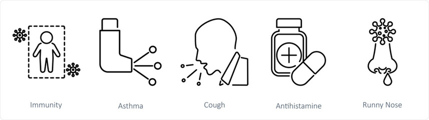 A set of 5 Allergy icons as immunity, asthma, cough