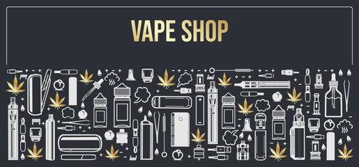 Vape shop horizontal frame for product design. Cigarettes, liquid vaporizers, marijuana leaf. Vector isolated on dark background. - obrazy, fototapety, plakaty
