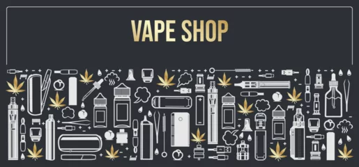 Poster Vape shop horizontal frame for product design. Cigarettes, liquid vaporizers, marijuana leaf. Vector isolated on dark background. © olgadanilina