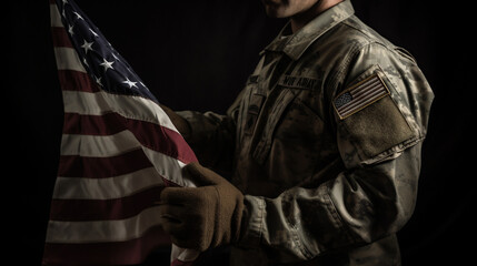 American flag held by a soldier.