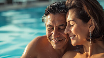 close-up of a mature couple smiling and looking at each other with affection, with a blurred swimming pool in the background