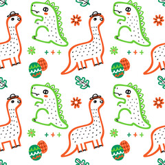 Dinosaur seamless pattern design, Simple brush lines hand drawn, Cute background cartoon pattern for children, Modern vector illustration for textile, cloth, fabric, wrapping paper and print.