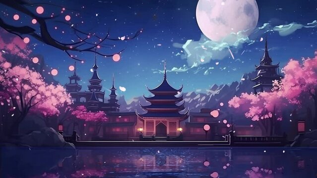 illustration of a mosque with a view of japan or korea. seamless looping overlay 4k virtual video animation background 