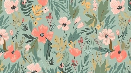 Floral seamless pattern, pastel print. Flowers and leaves in hand drawn style on a light green background. Decorative ornament background for fabric, textile, wrapping paper, card, generative ai,