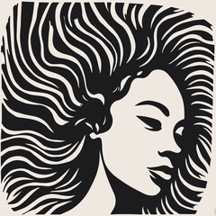 Abstract art vector outline illustration of african woman face. Black and white coloring page of girl face portrait. Modern print, poster image