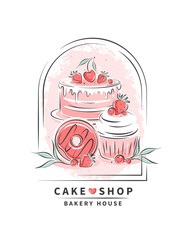 Сake, cupcake and berries. Vector illustration on white background for menu, recipe book, baking shop.