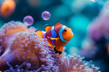 Clown fish swimming in coral reef. Ideal for marine life websites, aquarium advertisements, and naturethemed designs. 