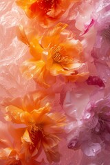 Naklejka na ściany i meble Flowers being Covered by Ice - Textured and Layered Abstract Floral Forms in Orange and Magenta - Close Up Ecological Flower Art Wallpaper created with Generative AI Technology