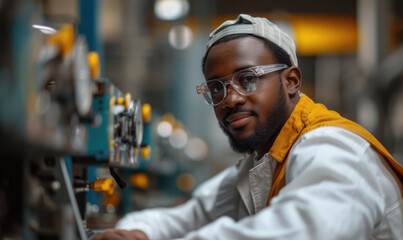 Manufacturing Factory black male Mechanical Engineer Works on Personal Computer at Metal lathe industrial manufacturing factory. Engineer Operating lathe Machinery. African people.