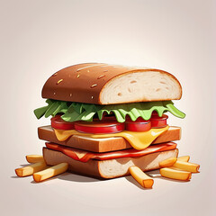 A large sandwich with cheese and vegetables, french fries. Cartoon drawing style