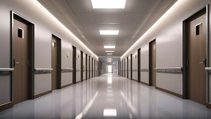 Large empty office corridor in the office. Empty hotel hallway with many doors and lights.