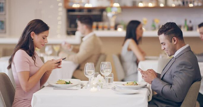 Restaurant, happy couple and phone picture of food on romantic date, Valentines Day or dinner. Cellphone, diner and fine dining woman, man or people post photo of meal to social media app