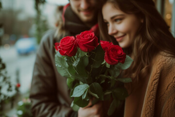 Giving roses to each other on a special day that symbolizes love, Valentine's Day.