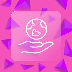 Planet on hand line icon. Nature, forest, greenery, life, beauty, relaxation, air, harmony. Glassmorphism style. Vector line icon for business and advertising