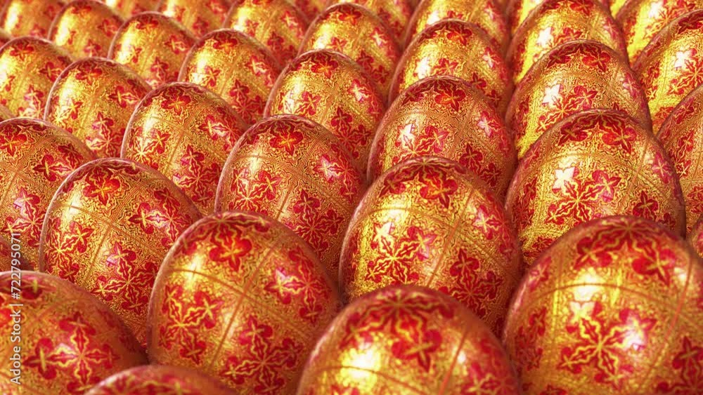 Poster realistic tracking dof camera looping 3d animation of the fancy textured red easter eggs with a beau