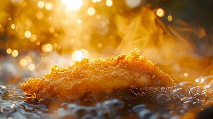 A mesmerizing scene of a golden-brown fried fish, perfectly crispy, glistening under the soft, warm...