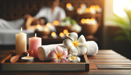 Obraz na płótnie Canvas Tranquil Spa Composition with Candles, Towels, and Plumeria, A serene spa setting featuring a composition of spa candles, fluffy towels, and plumeria flowers, promoting relaxation and peace. 