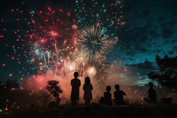 Fototapeta na wymiar Festive sky with fireworks and American flag, Independence Day