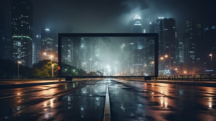 Empty space advertisement board, blank white signboard on roadside in city, blank billboard in city in night time