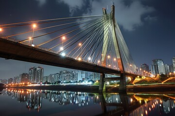 Fototapeta na wymiar The bridge over the river, A beautiful night view of the bridge overlooking the modern city.