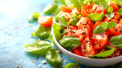 A fresh tomato and basil salad sprinkled with sesame seeds in a white bowl - obrazy, fototapety, plakaty